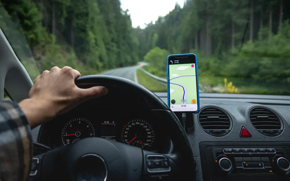GPS navigator-car-road-forest-area-closeup
